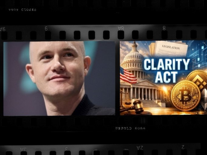 A filmstrip-style image showing a bald man's portrait alongside a graphic about the "CLARITY ACT" featuring the U.S. Capitol and cryptocurrency imagery.