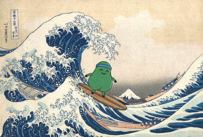 An illustration parodies 'The Great Wave off Kanagawa' by Hokusai, featuring a small green cartoon character surfing on the famous wave.