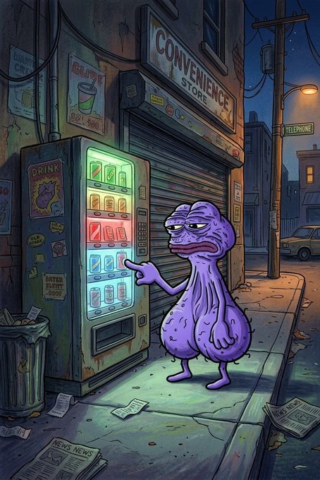 A digital illustration depicts a lumpy purple creature standing in front of a vending machine labeled 'CONVENIENCE STORE', pointing at its colorful buttons on a dimly lit street.