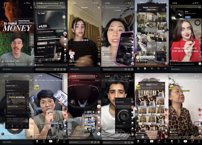 A grid of TikTok-style videos shows various creators promoting the Kled app, with on-screen text highlighting rewards ("+$4.00," "30 FOTO") and features like "PHOTO1516 PHONE14C," illustrating the real-world user adoption and data-contribution marketplace the post describes.