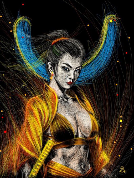 Stylized illustration of a woman with flowing hair transforming into vibrant blue and yellow flame-like forms against a dark background, signed "ACE".