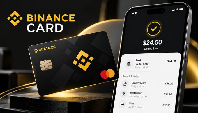 A promotional image for the 'BINANCE CARD' showing a black credit card next to a smartphone displaying transaction history, including a $24.50 Coffee Shop charge.