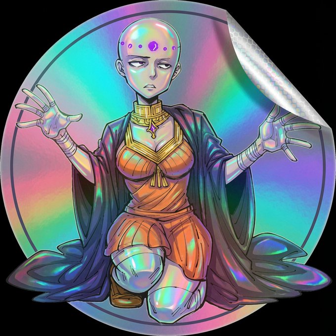 A holographic, iridescent sticker depicting a bald anime-style character in an orange outfit with gold jewelry, kneeling with arms outstretched in a meditative pose.