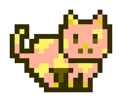 A small pixel art depiction of a pink and yellow fox or cat-like creature with a pointed tail, set against a white background.