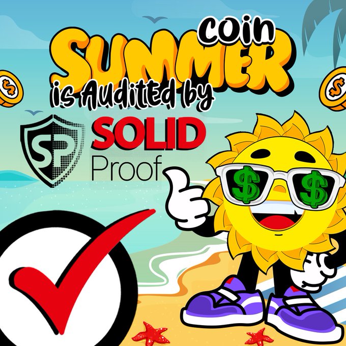 A cheerful cartoon sun wearing dollar-sign sunglasses gives a thumbs-up on a beach, promoting "SUMMER COIN" with the message "is Audited by SOLID Proof" alongside a large red checkmark and the SolidProof shield logo. The image reinforces the post's announcement that the Summer Coin token has successfully completed its security audit by Germany-based SolidProof, visually emphasizing trust and legitimacy ahead of the upcoming presale.