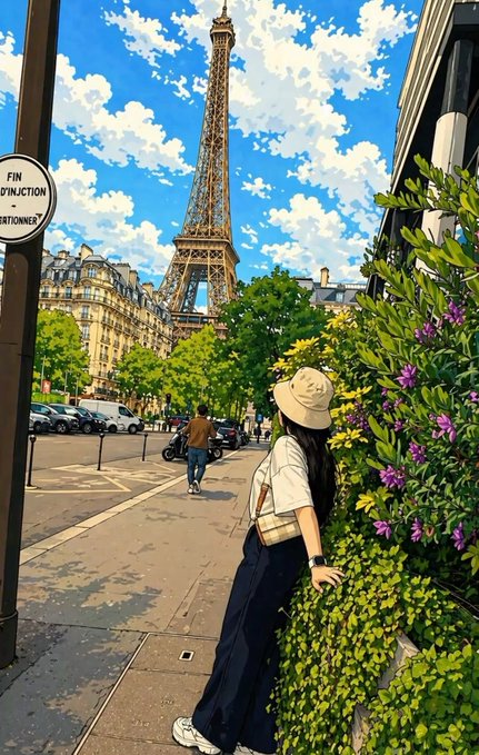 A woman in a white sun hat leans against a vibrant flower-covered wall, gazing toward the Eiffel Tower under a bright Parisian sky, with a sign reading "FIN D'INTERDICTION" visible on the left. The serene travel moment contrasts with the post's energetic crypto campaign announcement, offering a peaceful escape from the hustle of blockchain contests and creator sprints.