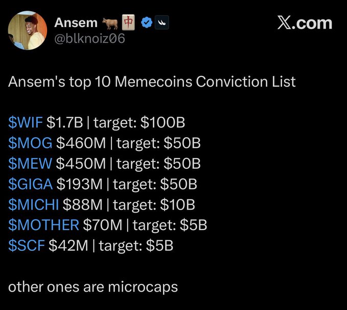The image shows a tweet from Ansem (@btknoiz06) listing his "top 10 Memecoins Conviction List" with current market caps and ambitious price targets, including $WIF (target: $100B), $SMOG, $MEW, $GIGA, $MICHI, $MOTHER, and $SCF. The accompanying post references people digging up Ansem's old memecoin calls to criticize him, noting he admitted mistakes like assuming celebrities wouldn't rug their communities—suggesting the screenshot serves as an example of his bullish conviction calls that some are using to retroactively judge him.