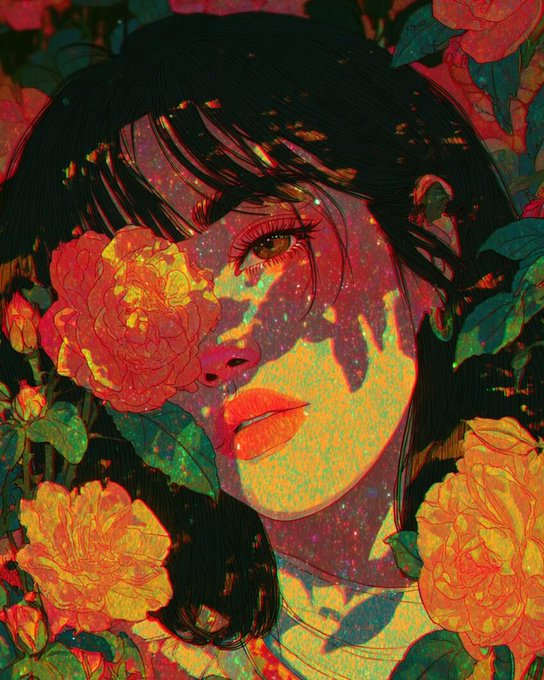 A vibrant illustration of a woman with dark hair surrounded by orange and red roses, her face partially illuminated with a warm golden glow. The artwork's bold colors and confident, radiant expression visually echo the post's bullish, optimistic message of expecting more wins.