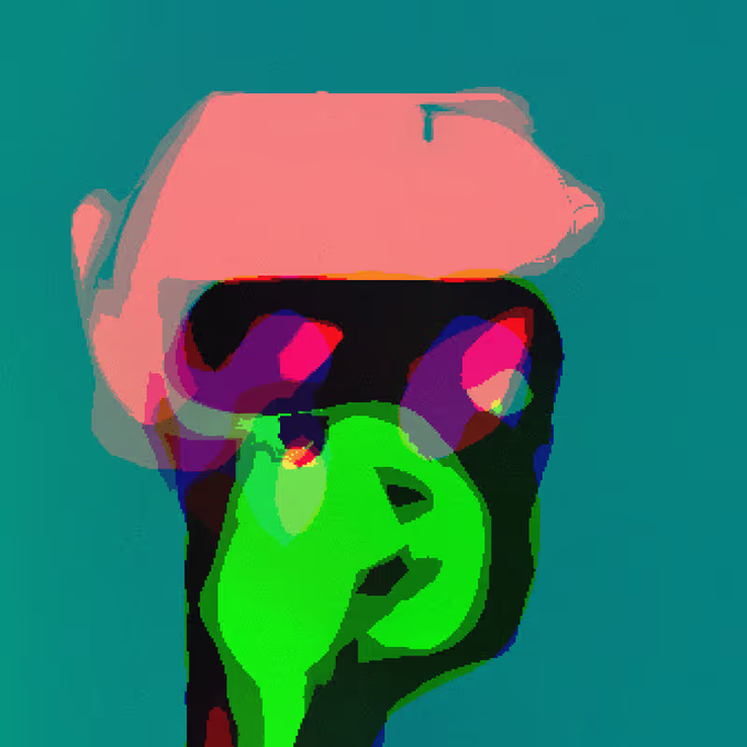 A colorful, glitchy digital artwork featuring a pink brain-like shape above a green face with purple sunglasses against a teal background.