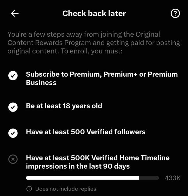 A dark-themed settings screen displays requirements for the 'Original Content Rewards Program', showing completed criteria for subscription, age (18+), and 500 followers, while '500K Verified Home Timeline impressions' is marked with a circle-X icon showing 433K.