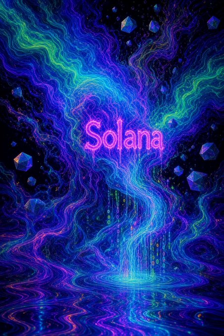 A vibrant, psychedelic digital artwork featuring the glowing pink neon text 'Solana' centered amid swirling blue, purple, and green cosmic energy streams and floating crystalline shapes.