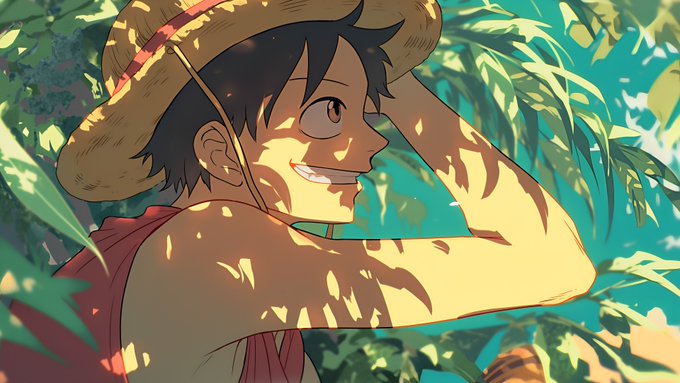 An anime-style illustration of a smiling young man wearing a straw hat, seen from the side amidst lush green foliage with dappled sunlight casting shadows on his skin.