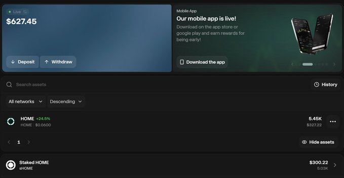 The image features a computer screen displaying two tabs, one titled "Mobile App" and another titled "History". The "History" tab contains information about mobile app transactions, including details such as the amount of money spent or received from the app. The main focus is on the $HOME account balance displayed in the bottom left corner of the image.