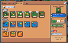 A screenshot of a retro-style inventory management game interface with green character icons organized in a grid, featuring green thumbs and blue/orange item slots in a 'Green Thumb' category.