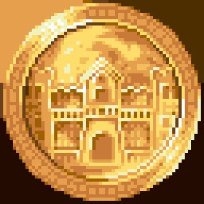 A pixel art style golden coin featuring an emblem of a castle or building.