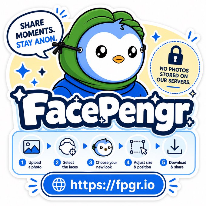 A promotional graphic for 'FacePengr' featuring a penguin mascot wearing a green hoodie, with text highlighting 'SHARE MOMENTS. STAY ANON.' and 'NO PHOTOS STORED ON OUR SERVERS,' along with the website 'https://fpgr.io' and usage steps.