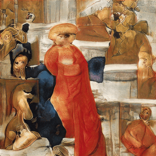 An expressionist-style painting depicting a woman in a striking red dress and large red hat, surrounded by other figures in muted brown and blue tones.