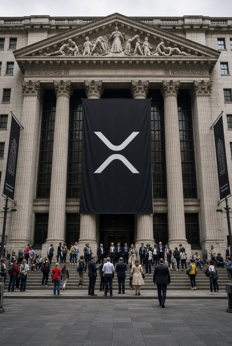 A photograph of a large, classical stone building featuring tall columns and a sculpted pediment, with a massive black banner displaying the XRP logo hanging down the center facade above a crowd of people gathered on the steps.