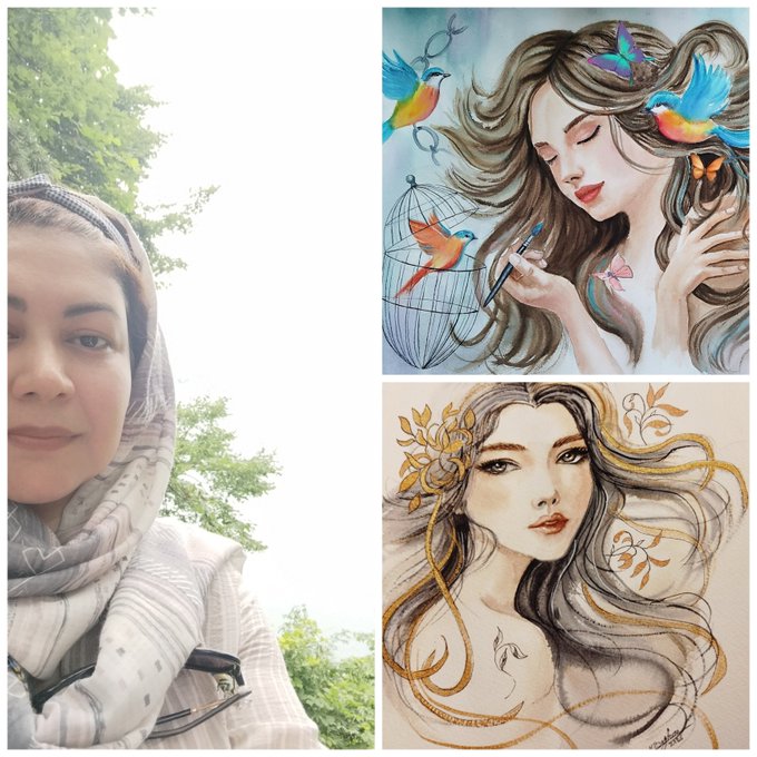 A woman wearing a hijab appears in a selfie alongside two stunning painted portraits of women adorned with birds and golden florals, showcasing her artistic talent. The post emphasizes supporting artists and collectors across ARTIST, TEZOS, and ETH communities, highlighting the intersection of traditional art with the blockchain art world.