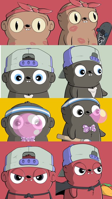 A vertical collage of cute cartoon character illustrations showing various animals with big eyes wearing different accessories like caps and bowties in pairs.