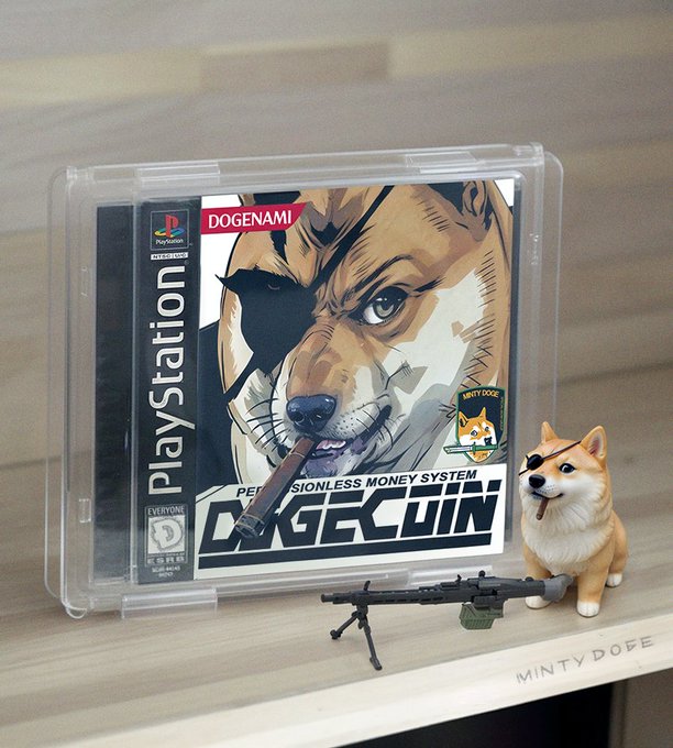 A PlayStation game case parody titled 'DOGECOIN' featuring a Shiba Inu dog with a cigar and a money motif, next to a small Shiba Inu figurine and toy gun.