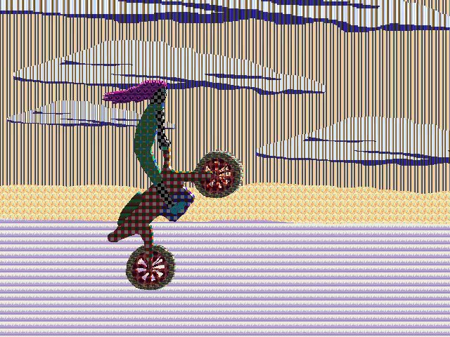 The image features a cartoon of a person riding a bike, with the bicycle appearing upside down as if they are doing a wheelie. The background shows an ocean scene with clouds, adding depth and context to the overall composition. The caption "NOW LISTED FOR 77.77 TEZOS after being SOLD in 5 minutes or SOMETHIIIIIIIIIING AAAAAAAAAAAAAAAAA" suggests that this image has been shared on social media platforms like Instagram, where users often post pictures of interesting or unusual content.