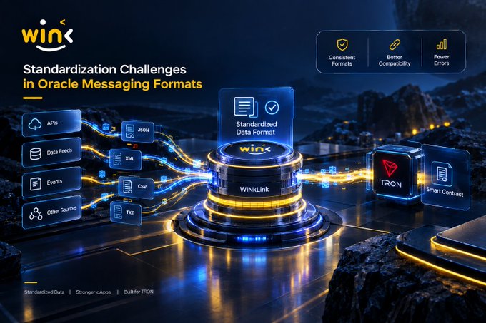 A promotional graphic for WinkLink highlighting 'Standardization Challenges in Oracle Messaging Formats,' illustrating data flows from APIs, Data Feeds, Events, and Other Sources connecting to a TRON smart contract with features like Consistent Formats and Better Compatibility.