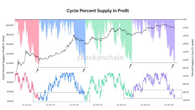 The image displays a "Cycle Percent Supply in Profit" chart from checkonchain, tracking Bitcoin's supply in profit percentage (ranging from 40% to 200%) alongside percent supply in loss, across four colored market cycles from 2014 to 2025. The post relates to the chart by highlighting that at each historical cycle bottom—marked by arrows—Bitcoin's percent supply in profit dropped to roughly 40-50%, suggesting the current cycle is nearing a similar capitulation point where bearish sentiment ("one more leg down") historically signals the market bottom.