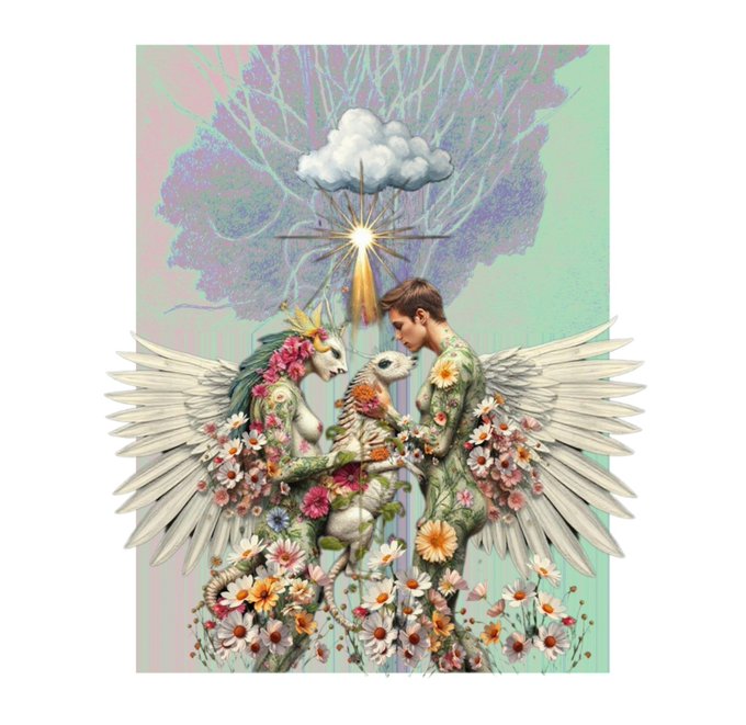 A surreal illustration featuring a winged young man with floral patterns alongside a unicorn and owl, with a cloud and radiant light above them against a pastel sky.