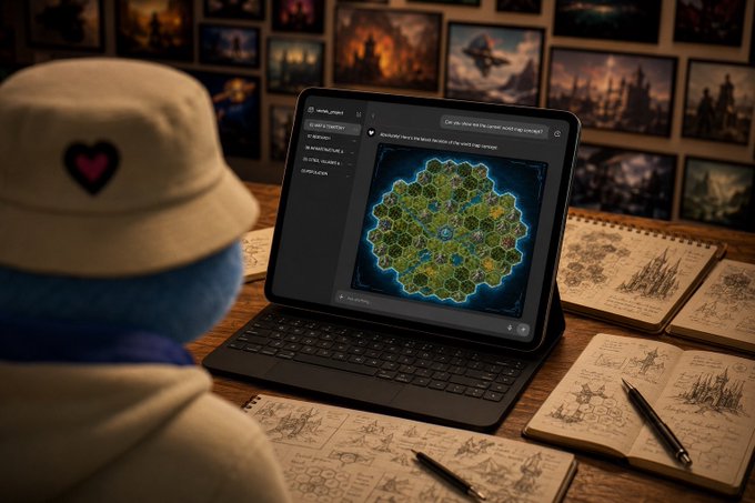 An AI-generated scene showing a plush character wearing a bucket hat watching a tablet displaying a hexagonal game map, surrounded by sketchbooks with drawings and a wall covered in fantasy artwork.