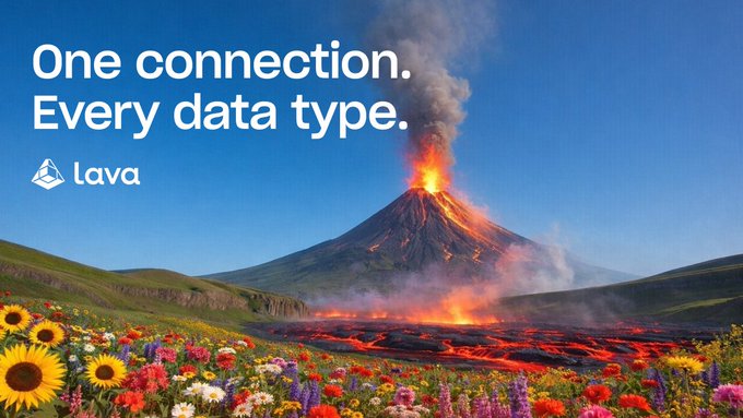 The image shows a volcano with lava flowing down its side against a clear blue sky. The text "One connection. Every data type." is displayed above the scene, which suggests that the image represents a single connection or a unified system across various data types. This could be an application or service that requires multiple data sources and formats to function properly.