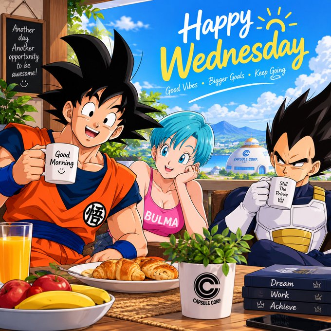 An anime-style illustration of Goku, Bulbul, and Vegeta from Dragon Ball having breakfast with 'Happy Wednesday' text, motivational quotes, and Capsule Corp branding.