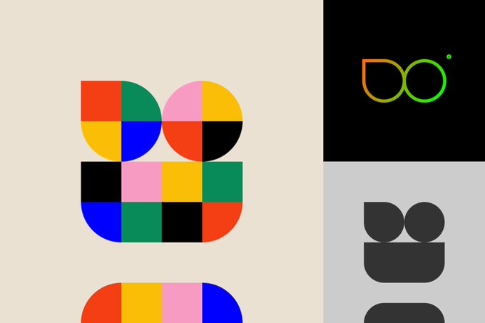A graphic design featuring a colorful geometric logo made of multicolored quarter-circles and squares on a beige background, alongside black panels displaying circular 'DO' logos in orange/green and white.