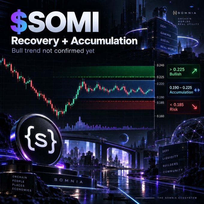A financial chart for the cryptocurrency $SOMI titled 'Recovery + Accumulation,' noting that the 'Bull trend not confirmed yet' and showing price levels indicating bullish, accumulation, and risk zones.