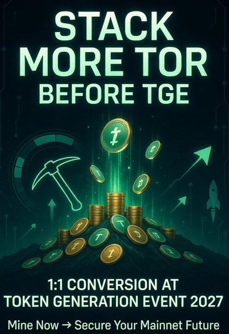 Promotional poster reading 'STACK MORE TOR BEFORE TGE' with '1:1 CONVERSION AT TOKEN GENERATION EVENT 2027' and 'Mine Now → Secure Your Mainnet Future'.