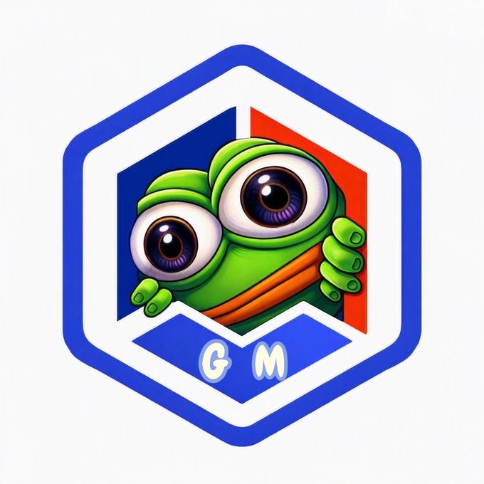 A hexagonal blue-bordered badge features a wide-eyed green cartoon character with an orange scarf, alongside the letters "GM" (Good Morning) at the bottom. The playful, mascot-style artwork visually reinforces the post's "Good Morning" greeting and its celebratory tone toward STRATO's Ethereum-based DeFi project, blending a friendly spirit with the structured, technical identity of blockchain.