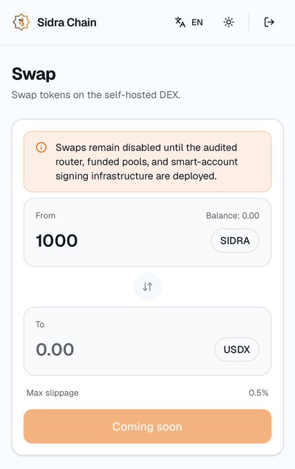 The Sidra Chain Swap interface showing a disabled swap feature from SIDRA to USDX, with a balance of 0.00 and a "Coming soon" button at the bottom.