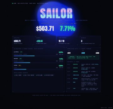 Dark-themed cryptocurrency dashboard for 'SAILOR' showing a price of $503.71 with +7.71% gain, displayed on a monitor with various metrics and charts.