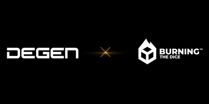 The image displays a promotional graphic featuring two logos side by side: "DEGEN" on the left and "BURNING THE DICE" with a flame/dice icon on the right, separated by a glowing star burst. This graphic represents the collaboration between the two platforms, supporting the post's announcement of a $2,000 giveaway leaderboard tied to Burning the Dice's play on Degen.