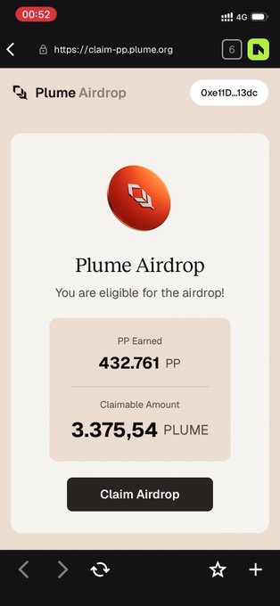 The image shows a phone screen displaying an app called Plume Airdrop. The app has a claim that you are entitled for the airdrop, which means you have won some money or prize through this app. The claim amount is $45,741.54, and it was claimed on January 1st, 2016. The post also mentions that the claim was made in December 2015, but it seems to be a scam as only 50 cents were paid out for the claim.