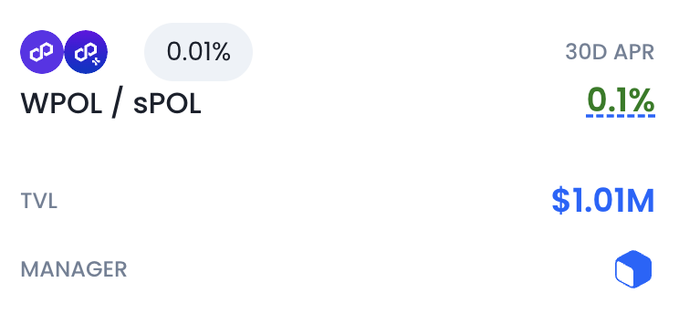 A DeFi liquidity pool interface showing the WPOL/sPOL pair with a TVL of $1.01M, featuring a 30D APR of 0.1% (highlighted in green) and 0.01% displayed in another metric.