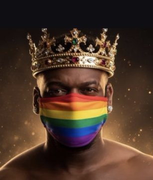 A portrait of a person wearing a jeweled crown and a rainbow pride face mask against a dark, sparkling background.