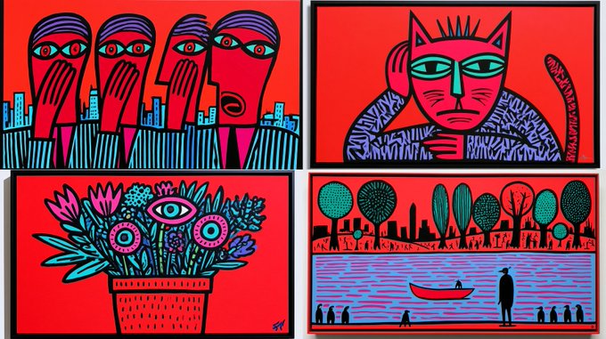 Four vibrant red and black stylized paintings featuring surreal figures, faces, eyes, a potted plant, and a waterfront scene with trees and a boat.