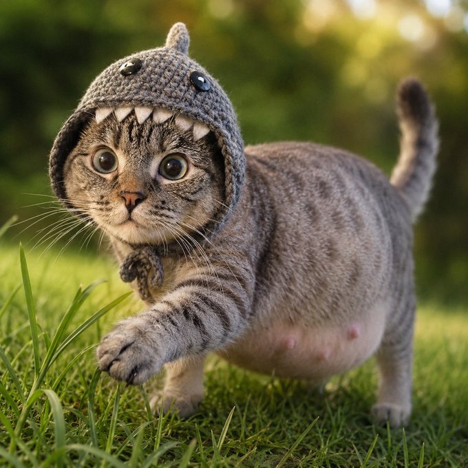 The image features a cat wearing a hat that looks like a shark's head, standing on grass with its paw extended outwards. The cat appears to be walking or running through the grassy area while wearing this unique hat. The photo also includes text that reads "Touch Grassa".