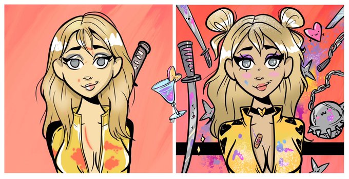 A two-panel digital illustration showing a blonde woman in a yellow top; the left panel is a simpler portrait, while the right panel adds twin buns, a sword, cocktail, heart, and spiked ball accessories.
