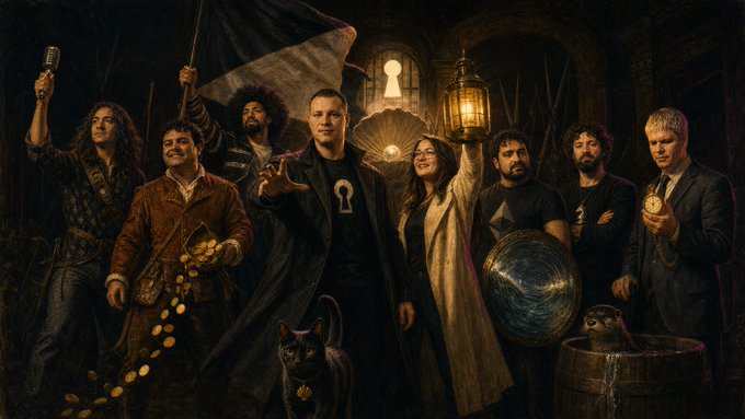 A digital painting styled like a classical portrait, depicting a group of nine people in historical or fantasy attire holding items like a microphone, a flag, coins, a glowing orb, and a pocket watch, accompanied by a black cat, a monkey, and a keyhole symbol on a central figure's chest.