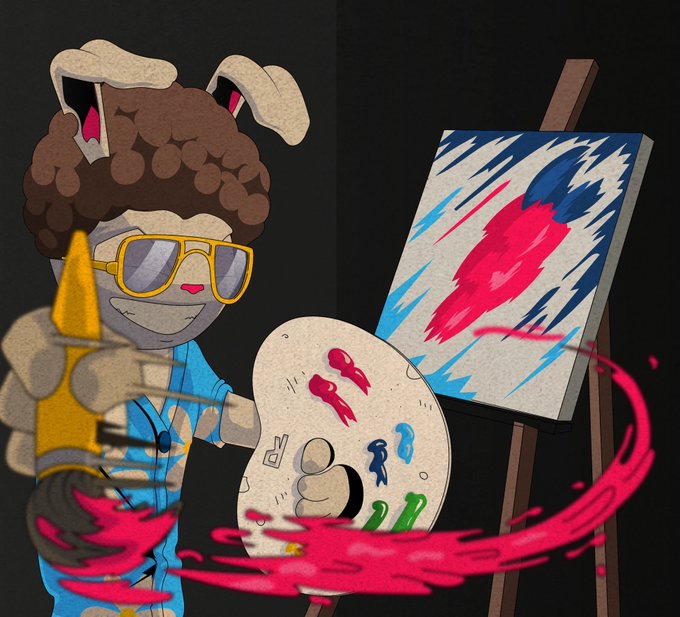 A digital illustration of a stylized character with bunny ears and sunglasses holding a paint palette, standing next to an easel with a canvas featuring dynamic blue and pink brushstrokes.