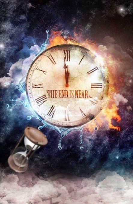 An hourglass engulfed in flames displays a clock face reading 12:00 with the ominous text "THE END IS NEAR," set against a cosmic backdrop of swirling clouds and stars. The apocalyptic imagery visually amplifies the post's urgent warning that major SEC Clarity Act crypto regulations are imminent, symbolizing a pivotal, deadline-driven moment for the cryptocurrency industry.