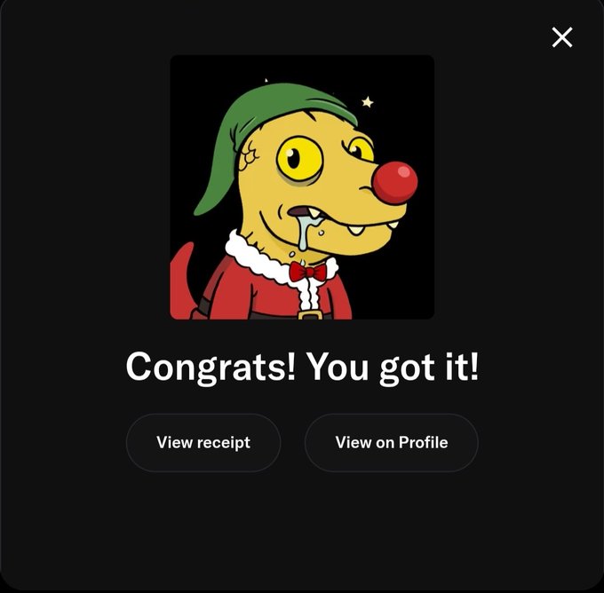 Modal window displaying a green elf-like cartoon character NFT with a red nose and drooling, with text reading 'Congrats! You got it!' and buttons to view receipt or profile.