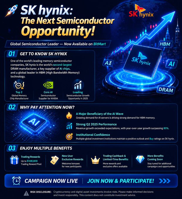 A promotional BitMart graphic advertises SK hynix ("The Next Semiconductor Opportunity!") and highlights it as a "Top 2 Global Memory Chip Manufacturer" and leading AI chip supplier for NVIDIA, with HBM, DRAM, and AI branding around a central chip illustration. The "Enjoy Multiple Benefits" section advertises "Trading Rewards Up to $100,000" and a "New User Exclusive Rewards Welcome bonuses for new participants," aligning with the post's promotion of increased prize amounts and the ongoing $10,000 new-user airdrop event.